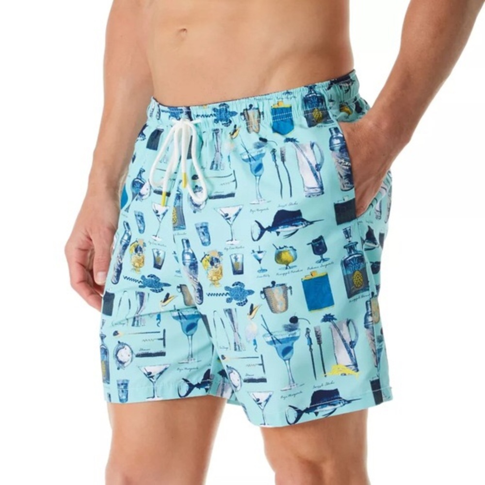 NWT Tommy Bahama Light Blue Cocktail Print Swim Trunks, Sz XXL